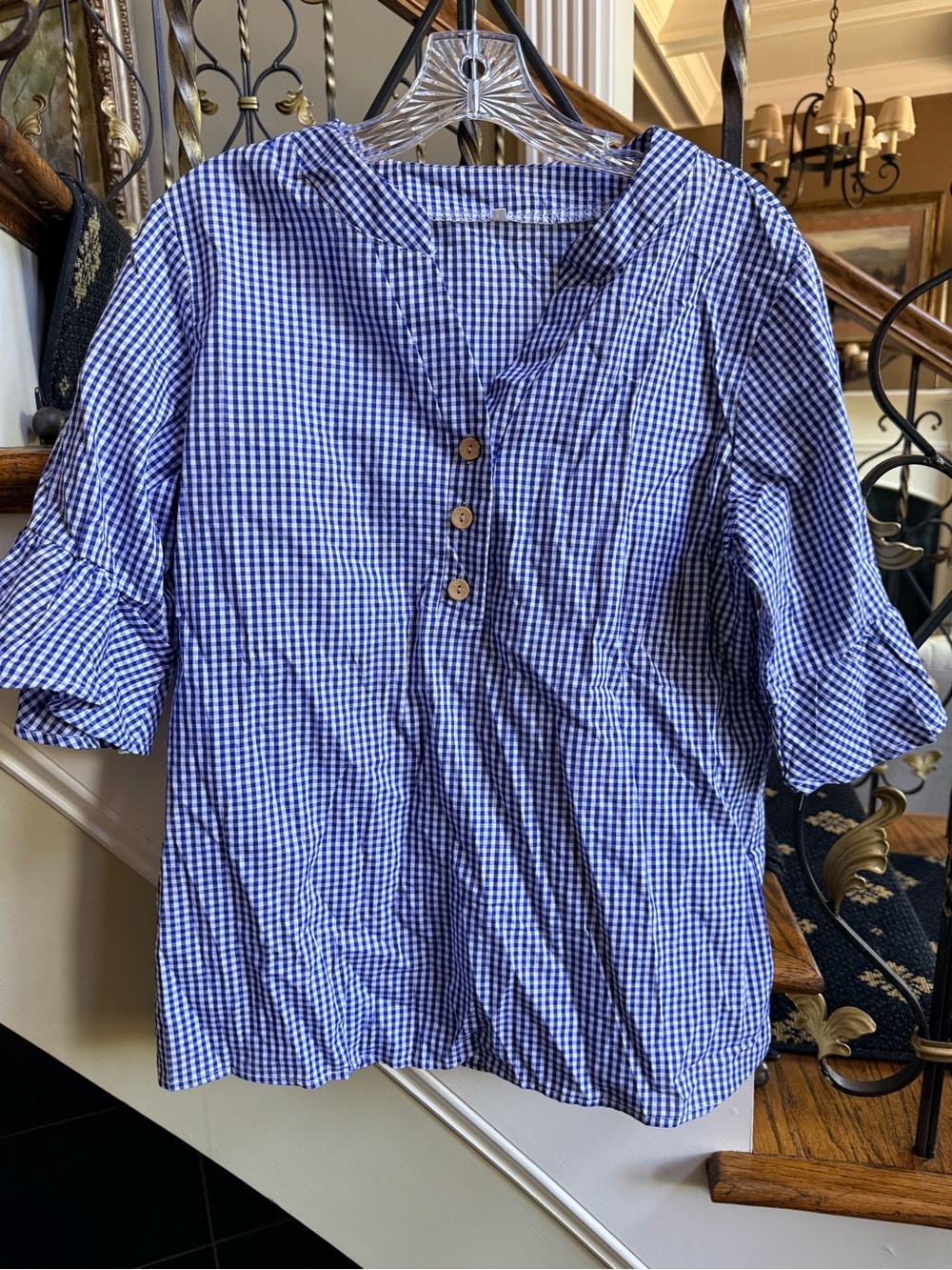 Beautiful Blue / White checked cotton top. Button V neck.NWOT Size S Bell sleeve